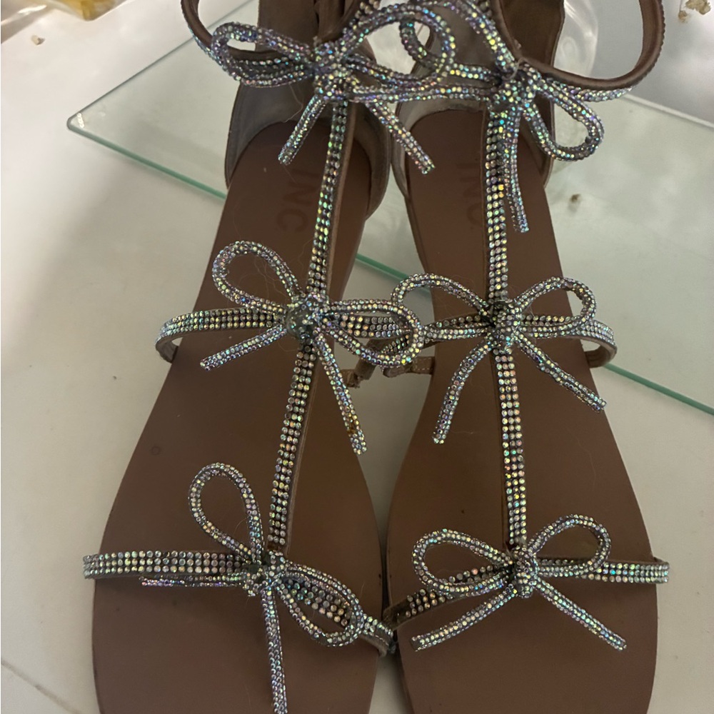 INC International Concepts Rhinestone Bow Tan Sandals